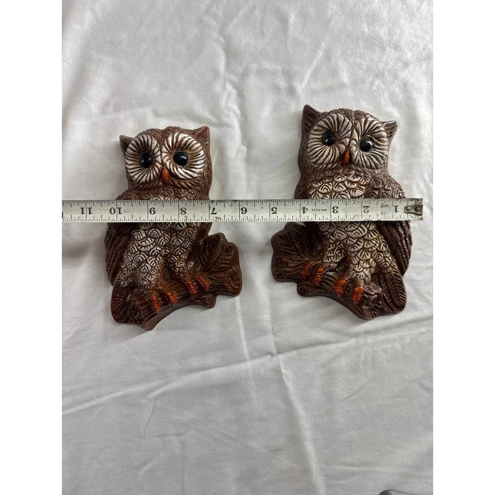 Vintage 1970s Owl Wall Plaques Pair Brown Faux Wood Textured Retro 7.5 Inch